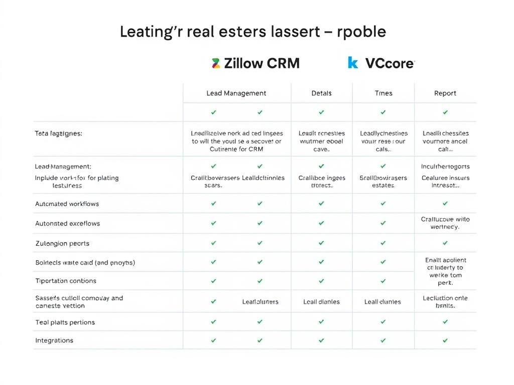 A detailed comparison chart depicting the key features and functionalities of the leading real estate CRM platforms - HighLevel, Zillow CRM, and KVCore. Rendered in a clean, minimalist style with a white background and subtle grid lines. The chart showcases critical metrics such as lead management, automated workflows, reporting, and integrations, allowing users to easily compare the capabilities of each solution. Includes realistic app screenshots seamlessly integrated into the layout. Crisp, high-resolution rendering with natural lighting and a slightly low camera angle to create depth and emphasize the comparative nature of the content. A detailed comparison chart depicting the key features and functionalities of the leading real estate CRM platforms - HighLevel, Zillow CRM, and KVCore. Rendered in a clean, minimalist style with a white background and subtle grid lines. The chart showcases critical metrics such as lead management, automated workflows, reporting, and integrations, allowing users to easily compare the capabilities of each solution. Includes realistic app screenshots seamlessly integrated into the layout. Crisp, high-resolution rendering with natural lighting and a slightly low camera angle to create depth and emphasize the comparative nature of the content.