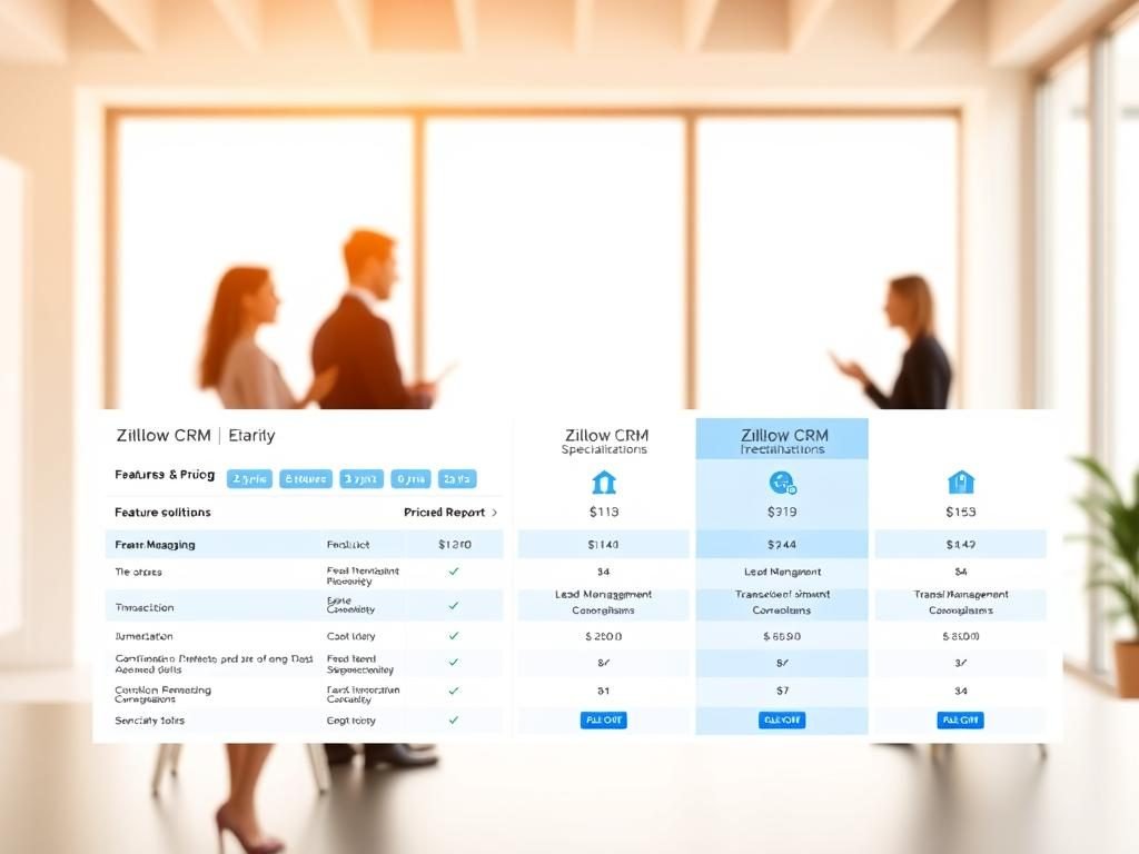A sleek and modern real estate CRM pricing comparison dashboard set against a minimalist, light-filled office backdrop. The dashboard features clean typography, well-organized data visualizations, and intuitive user interface elements. The foreground showcases detailed feature and pricing comparisons between leading real estate CRM solutions, while the middle ground highlights specific Zillow CRM specializations like lead management, transaction coordination, and reporting. The background features stylized silhouettes of real estate professionals collaborating, complemented by warm, natural lighting and a soothing color palette. The overall scene conveys a sense of professionalism, efficiency, and technological sophistication. A sleek and modern real estate CRM pricing comparison dashboard set against a minimalist, light-filled office backdrop. The dashboard features clean typography, well-organized data visualizations, and intuitive user interface elements. The foreground showcases detailed feature and pricing comparisons between leading real estate CRM solutions, while the middle ground highlights specific Zillow CRM specializations like lead management, transaction coordination, and reporting. The background features stylized silhouettes of real estate professionals collaborating, complemented by warm, natural lighting and a soothing color palette. The overall scene conveys a sense of professionalism, efficiency, and technological sophistication.