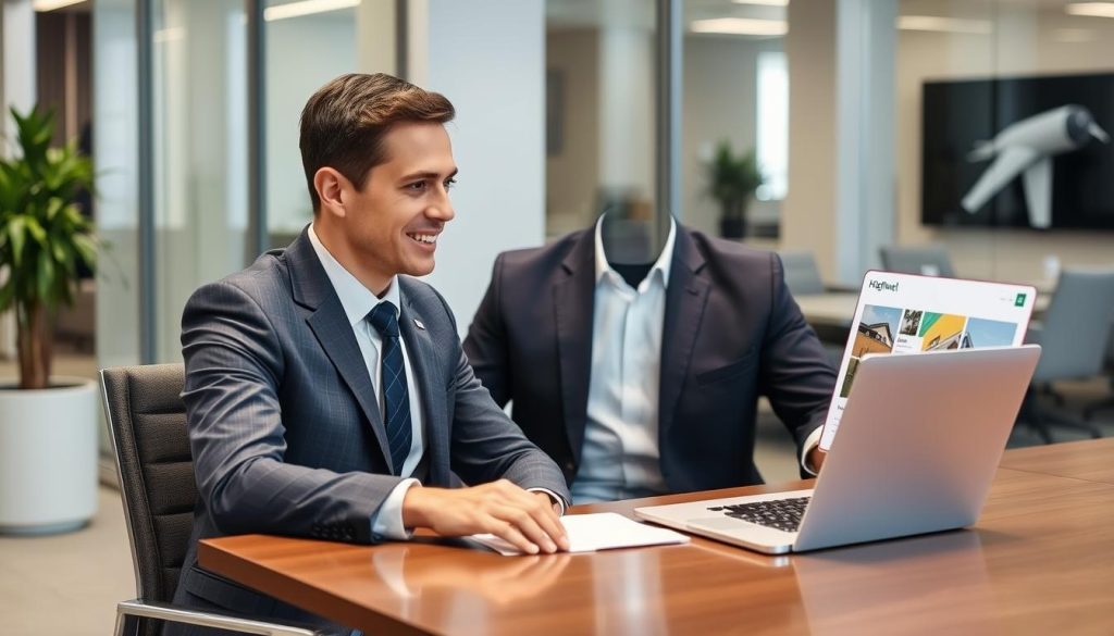 Real estate agent using HighLevel sales & marketing platform on laptop Real estate agent using HighLevel sales & marketing platform on laptop