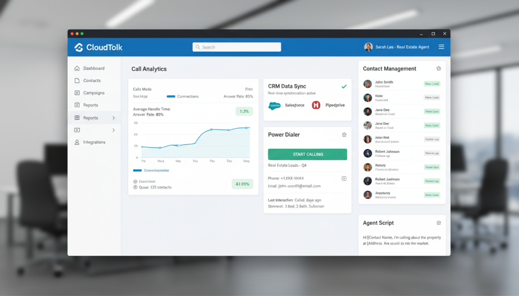 CloudTalk interface showing CRM integration and power dialer for real estate agents CloudTalk interface showing CRM integration and power dialer for real estate agents