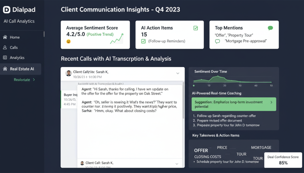 Dialpad interface showing AI-powered call analytics for real estate agents Dialpad interface showing AI-powered call analytics for real estate agents