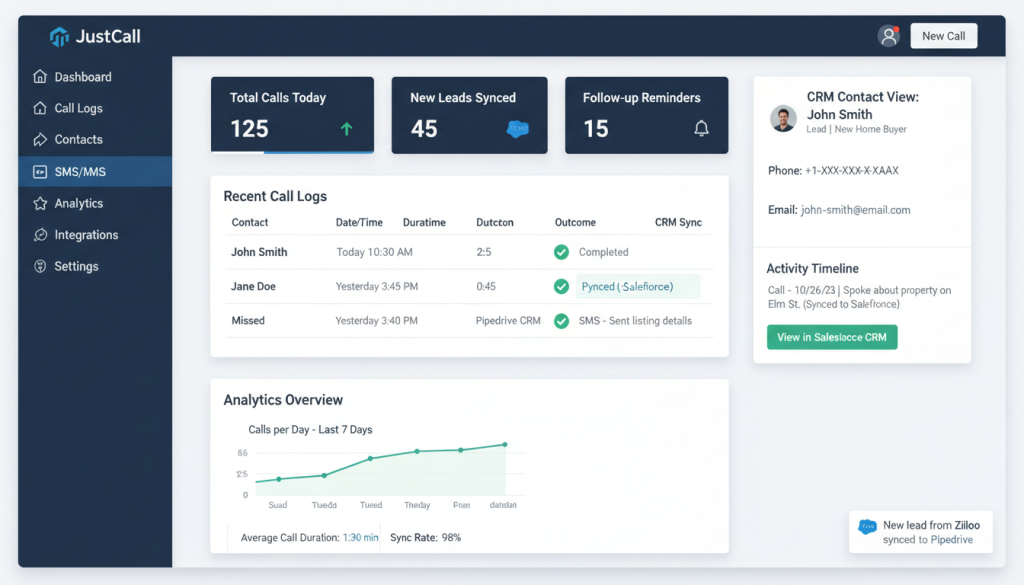 JustCall interface showing CRM integration and call tracking features for real estate agents