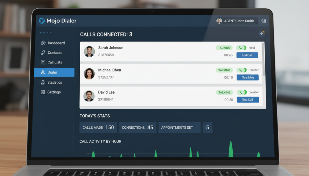 Mojo Dialer interface showing the triple-line dialer feature for real estate agents Mojo Dialer interface showing the triple-line dialer feature for real estate agents