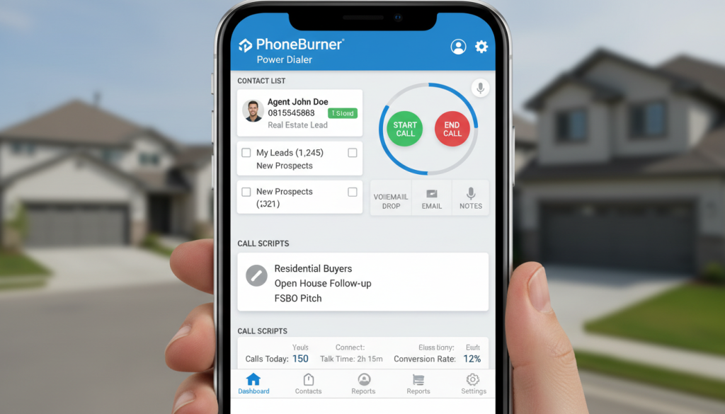 PhoneBurner dashboard showing power dialer interface for real estate agents PhoneBurner dashboard showing power dialer interface for real estate agents