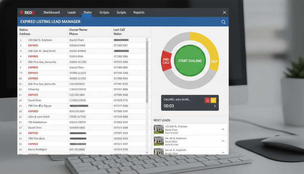 REDX platform interface showing expired listing leads and auto dialer for real estate agents REDX platform interface showing expired listing leads and auto dialer for real estate agents