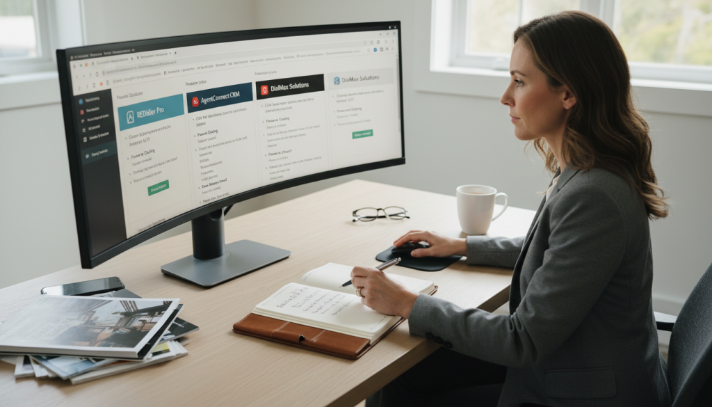 Real estate agent comparing auto dialer features on computer Real estate agent comparing auto dialer features on computer