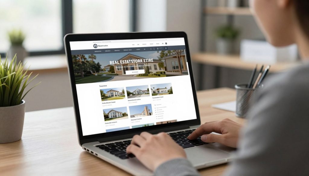 Real estate agent working on website with property listings displayed on screen Real estate agent working on website with property listings displayed on screen