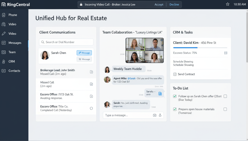 RingCentral interface showing unified communications platform for real estate agents RingCentral interface showing unified communications platform for real estate agents