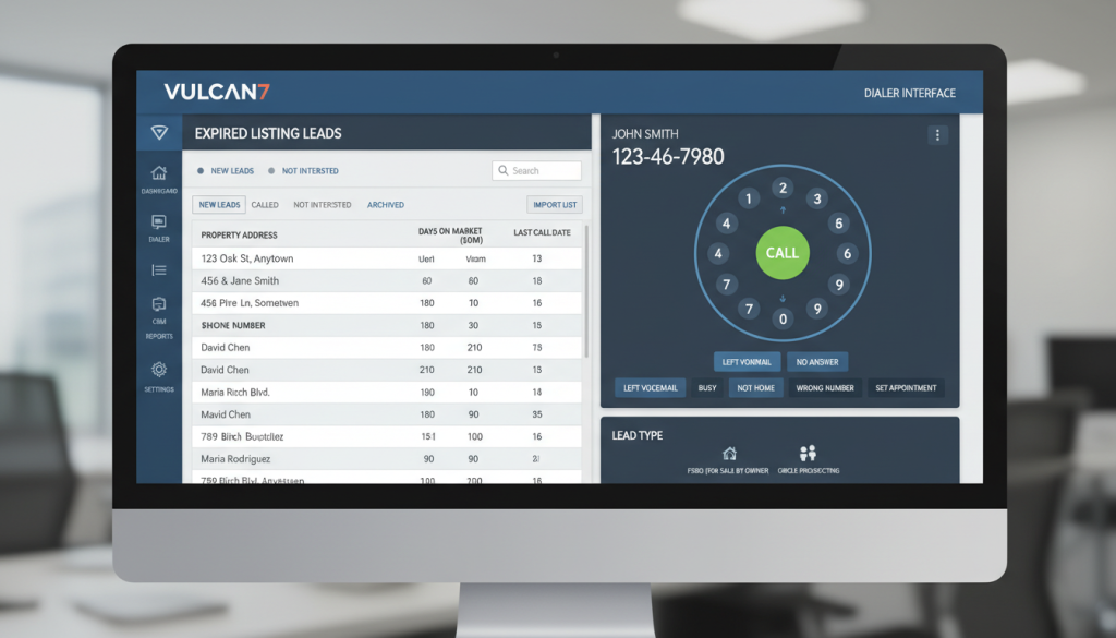 Vulcan7 platform showing expired listing leads and dialer interface for real estate agents Vulcan7 platform showing expired listing leads and dialer interface for real estate agents